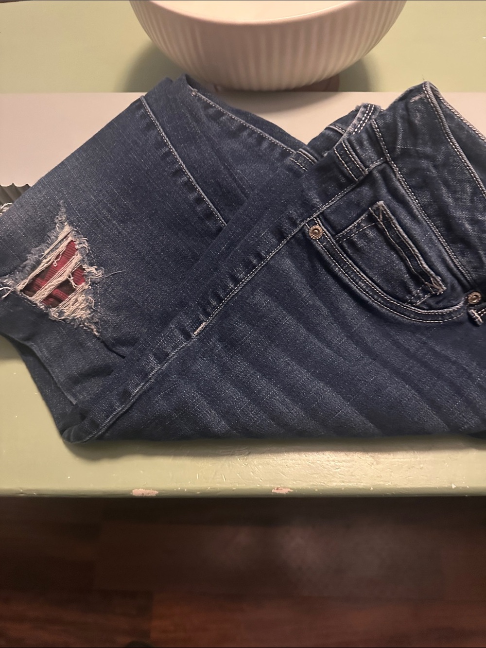 Maurices Dark Blue Skinny Jeans with Distressed Knee and Red Patch